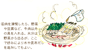 肉を満喫したら、野菜や豆腐など、牛肉以外の具を入れる。水分は野菜から出るが、ここで好みにより水や昆布だしを追加してもよい。